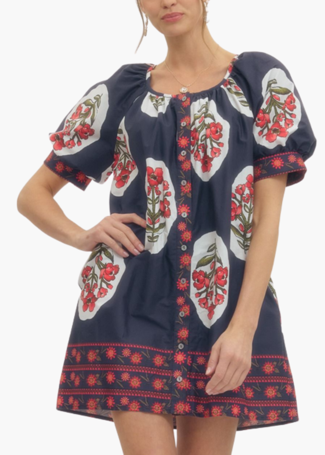 Sarah Blockprint Mini Dress in Navy