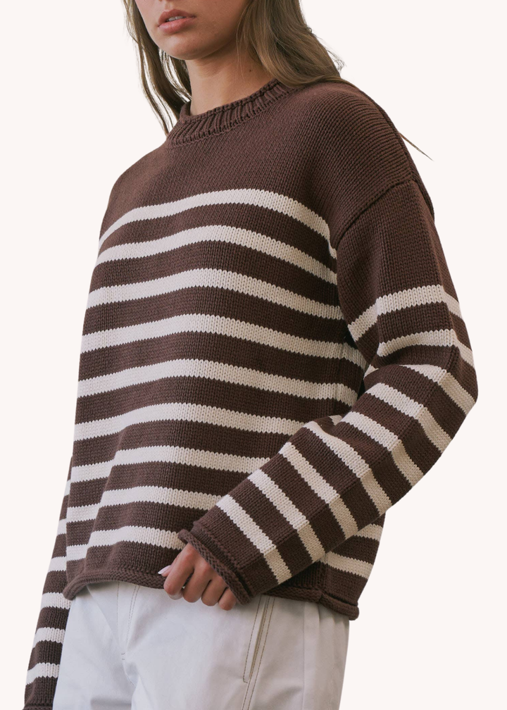 Striped Roll Neck Sweater in Chocolate