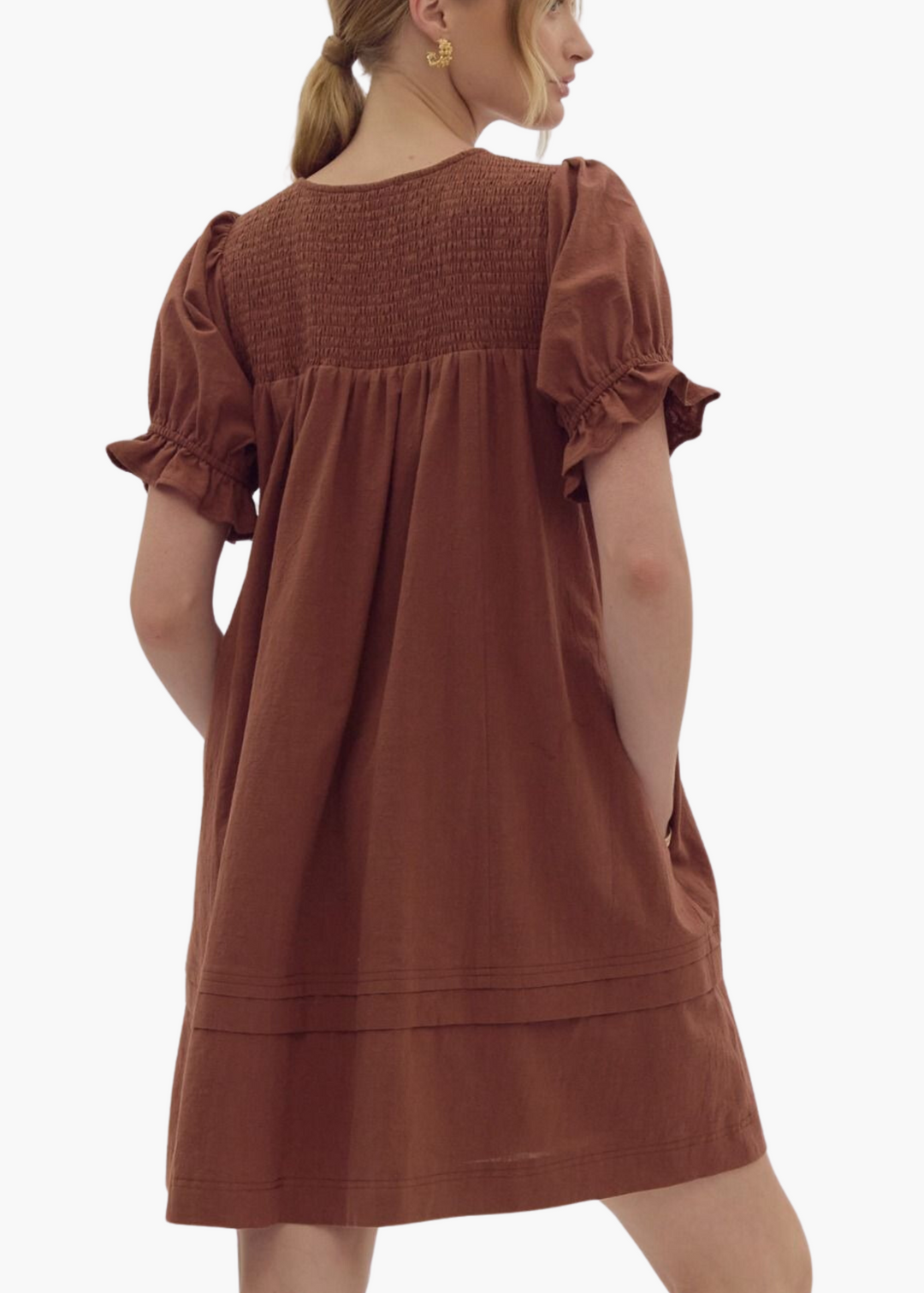 Ellen Smocked Mini Dress in Brown