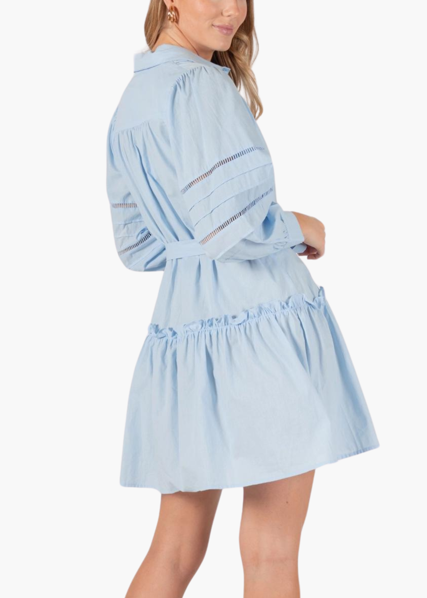 Harriet Poplin Eyelet Mini Dress in Powder Blue