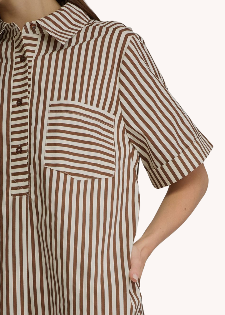 Caroline Cotton Mini Striped Dress in Brown
