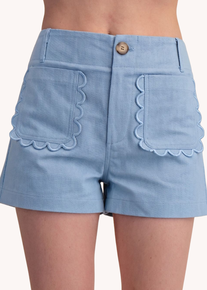 Colette Scalloped Shorts in Dusty Blue