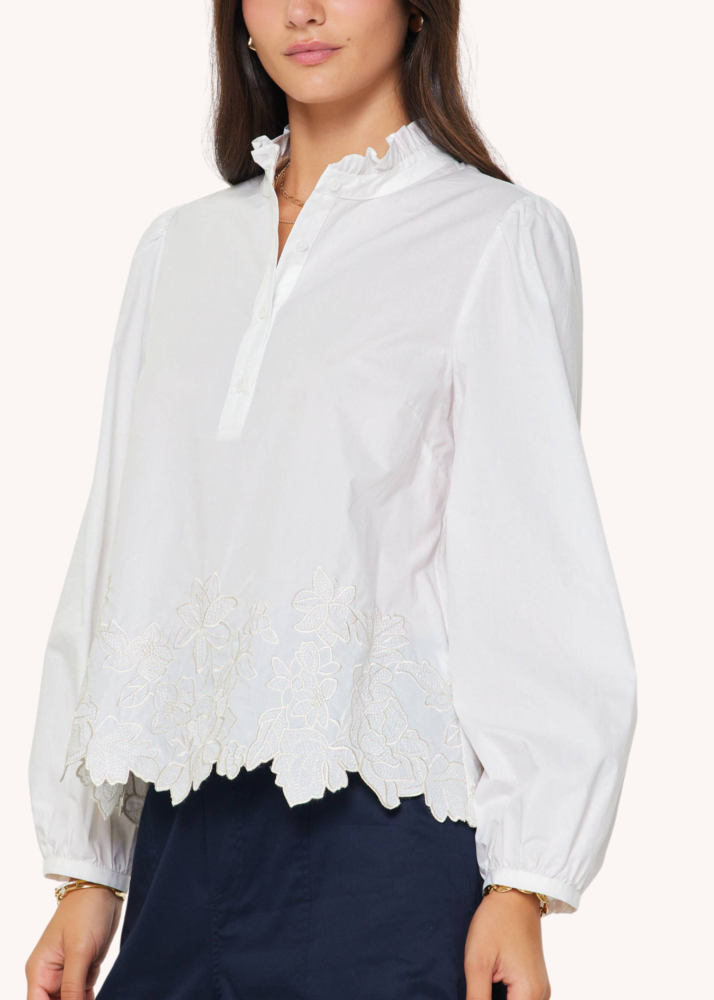 Embroidered Border Long Sleeve Blouse in White