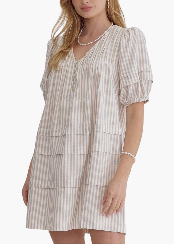 Striped Puff Sleeve Mini Dress in Sand