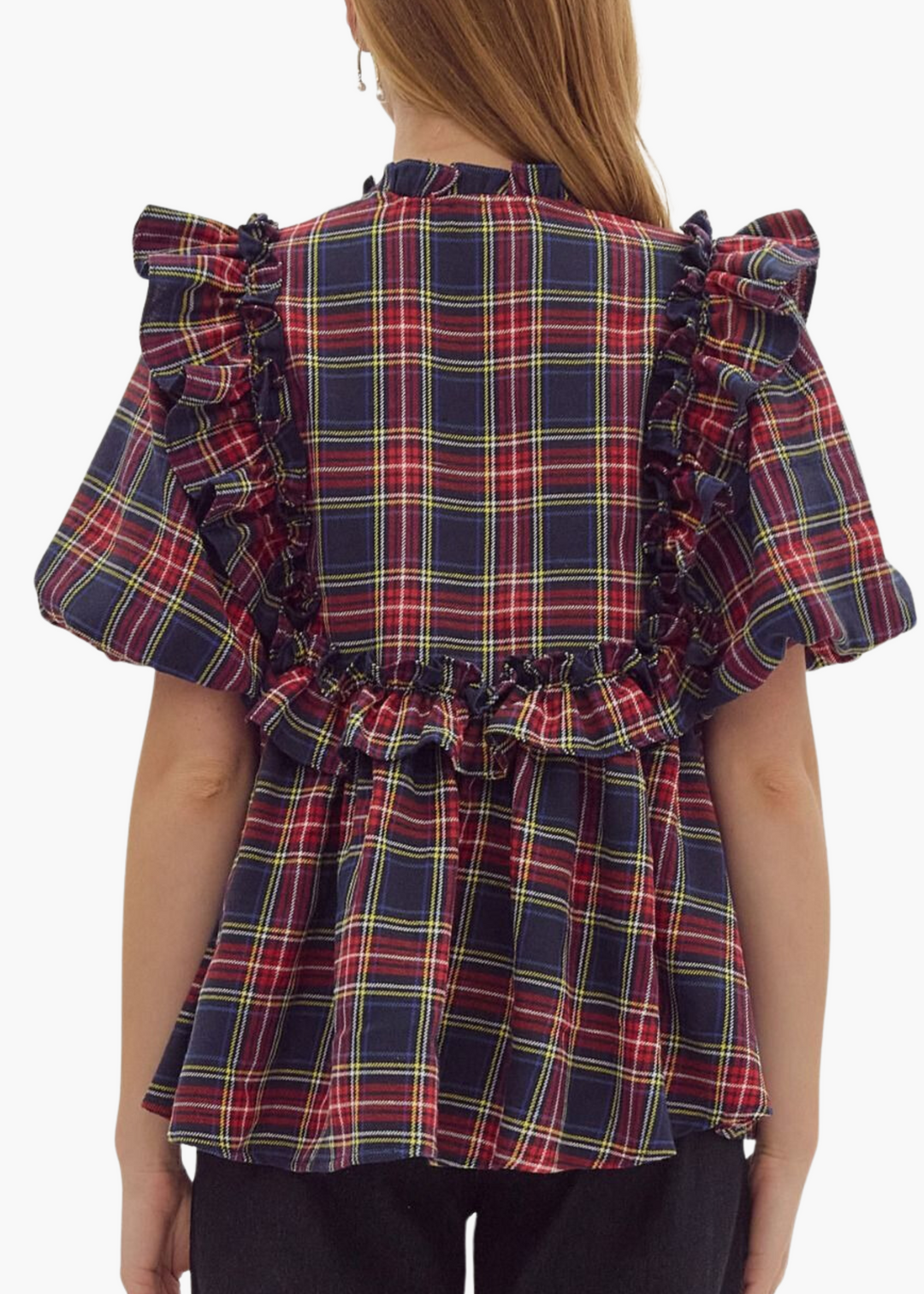 Evan Ruffle Top in Navy Plaid