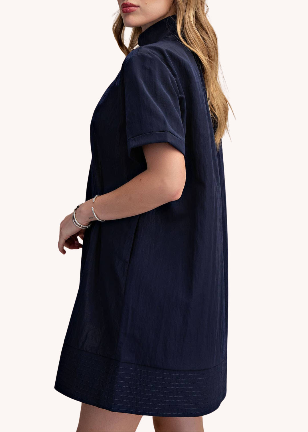 Chloe Stand Collar Mini Shirt Dress in Navy