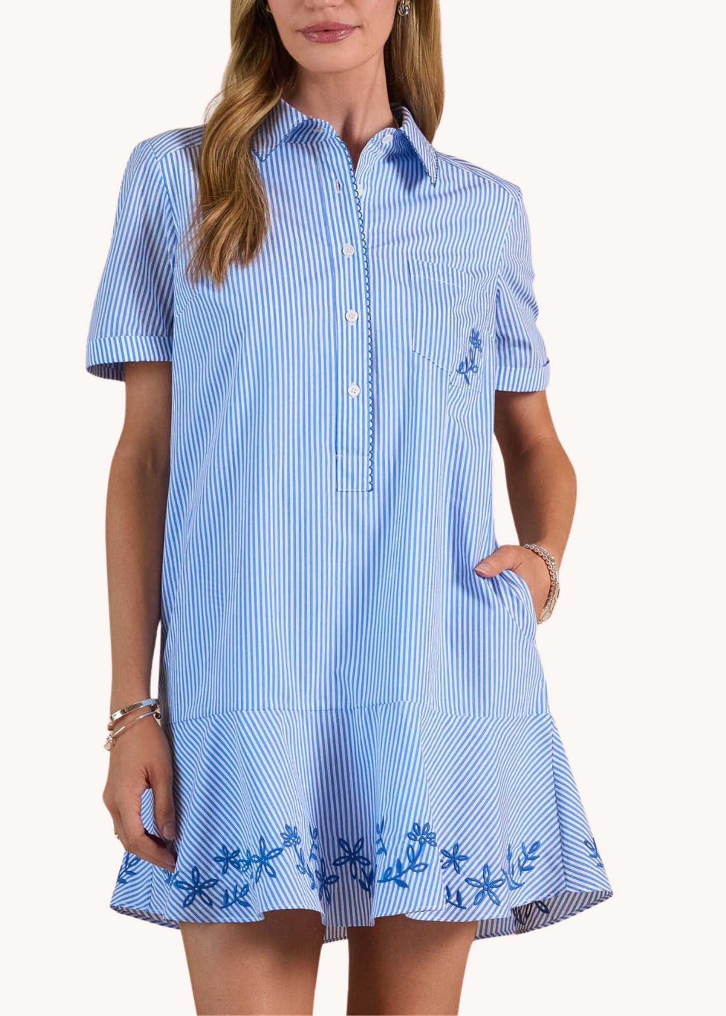 Striped Embroidered Mini Shirt Dress
