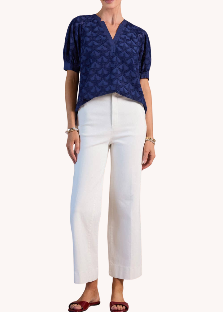 Textured Star Pattern Short Sleeve Blouse in Navy