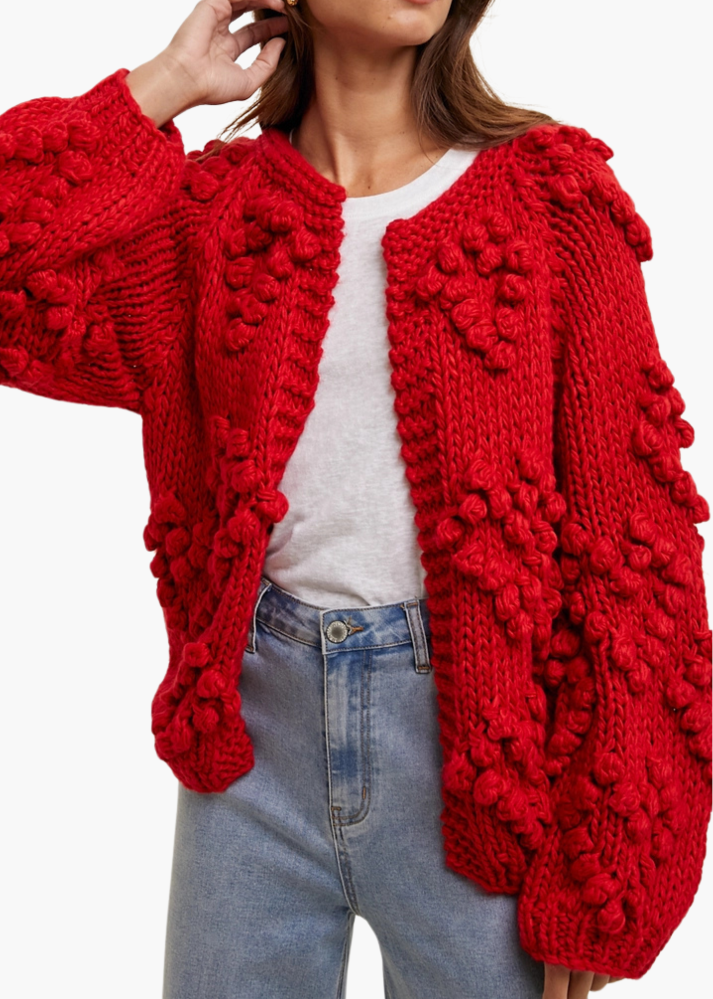 Hand-Knit Cardigan in Red Hearts