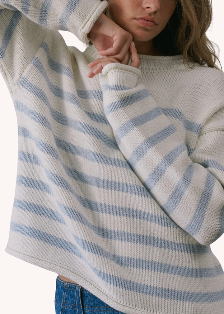 Striped Roll Neck Sweater in Cream and Baby Blue
