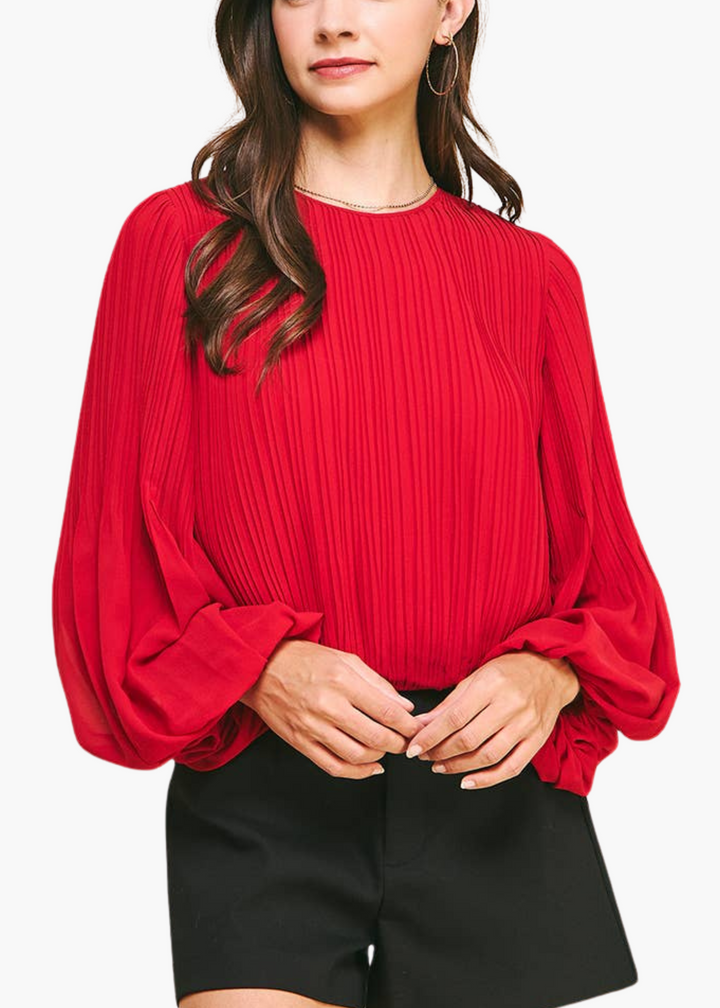 Anne Pleated Woven Top in Red