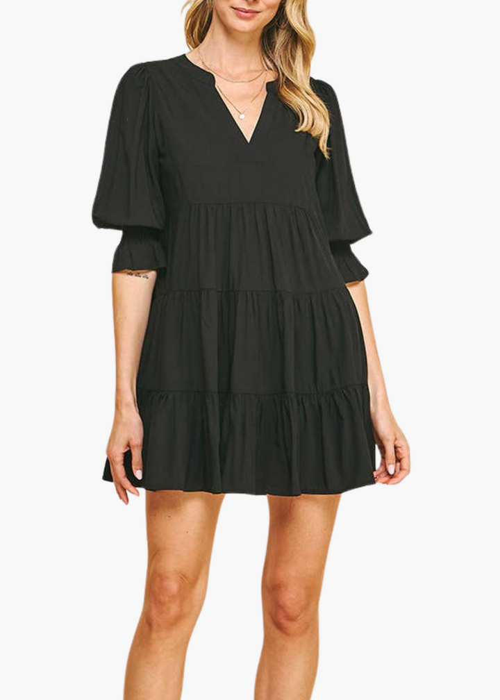 Hollis Smocked Sleeve V-Neck Dress in Black