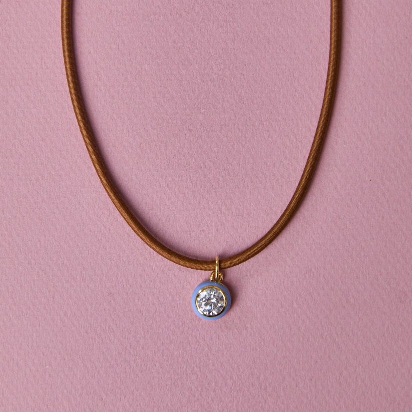 Blue Enamel Bezel Charm with Clasp Cord Necklace