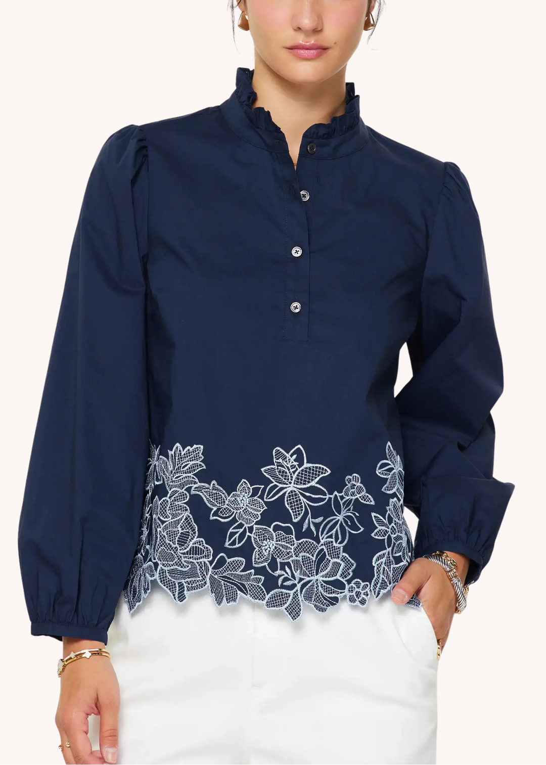 Embroidered Border Long Sleeve Blouse in Navy