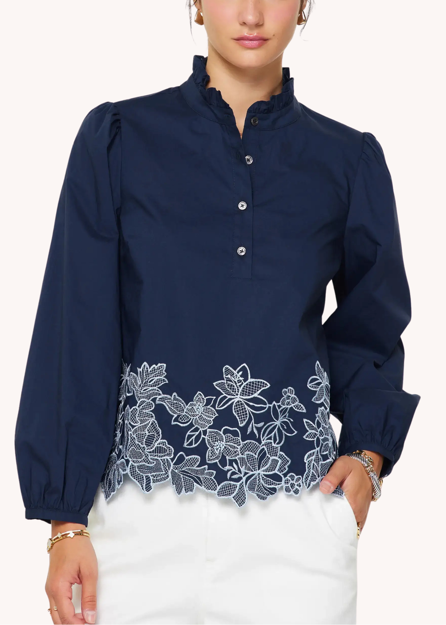 Embroidered Border Long Sleeve Blouse in Navy