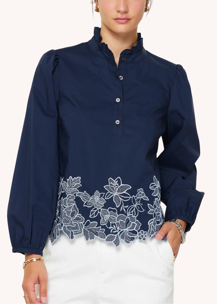 Embroidered Border Long Sleeve Blouse in Navy