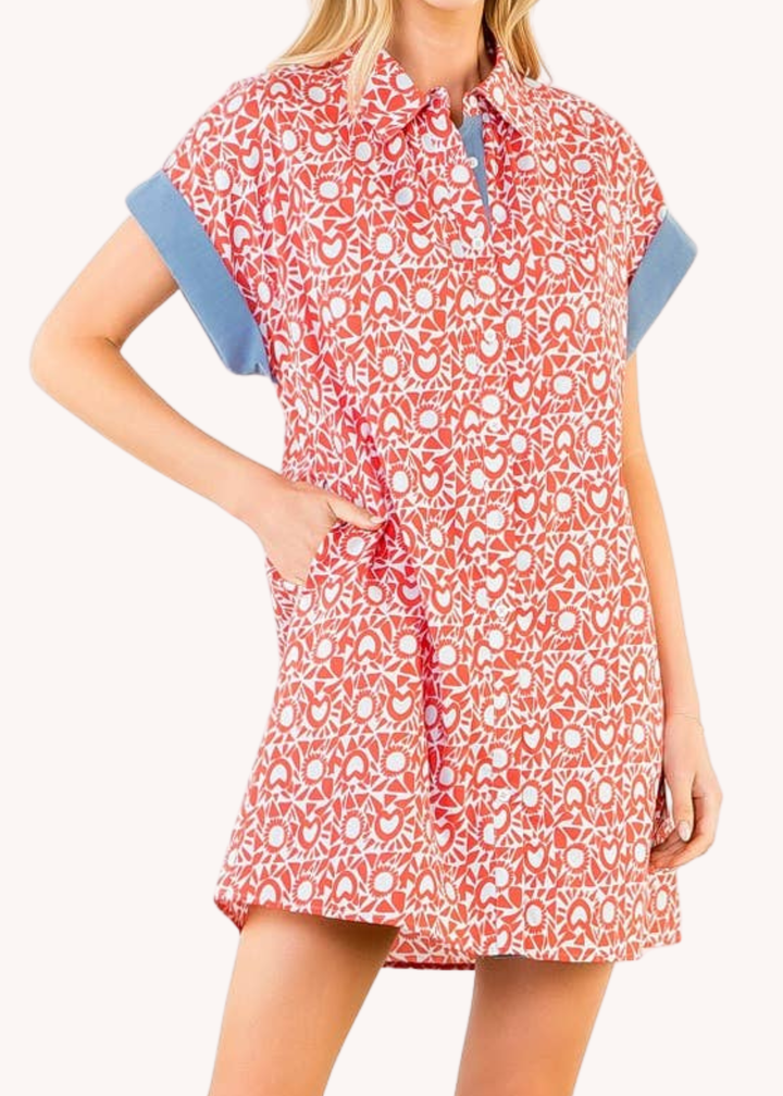 Americana Block Print Mini Shirt Dress