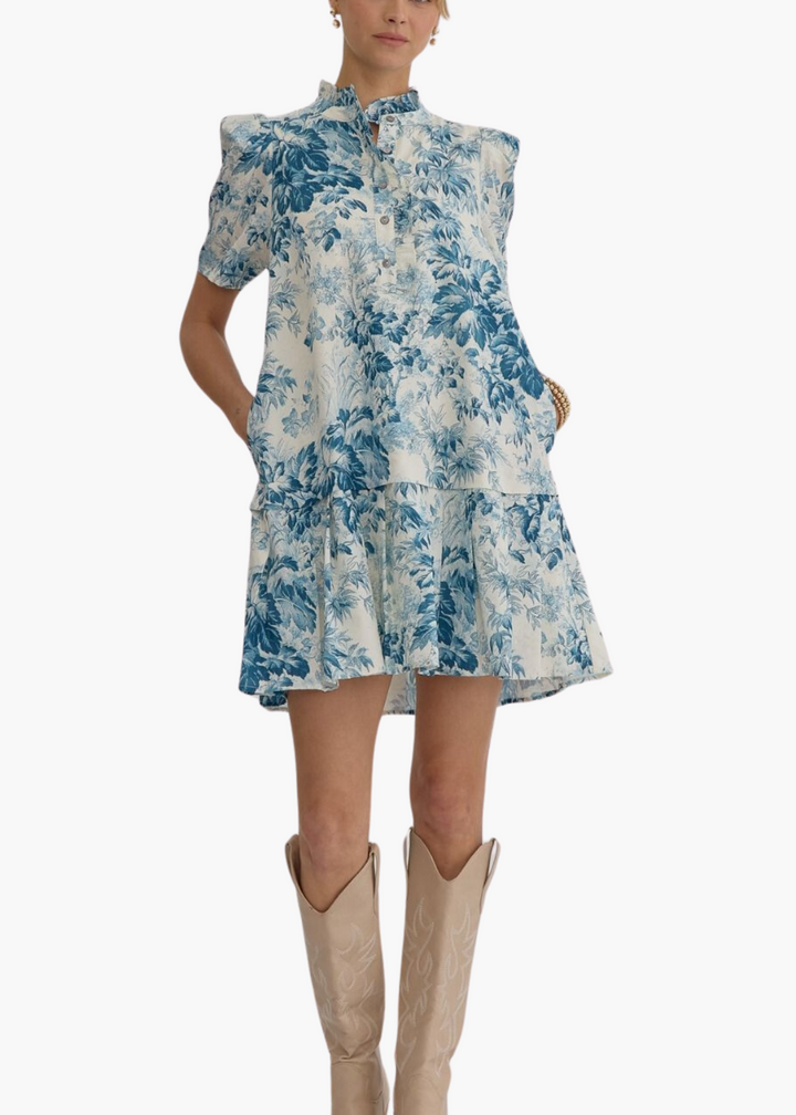 Edith Peplum Mini Dress in Teal Floral Toile