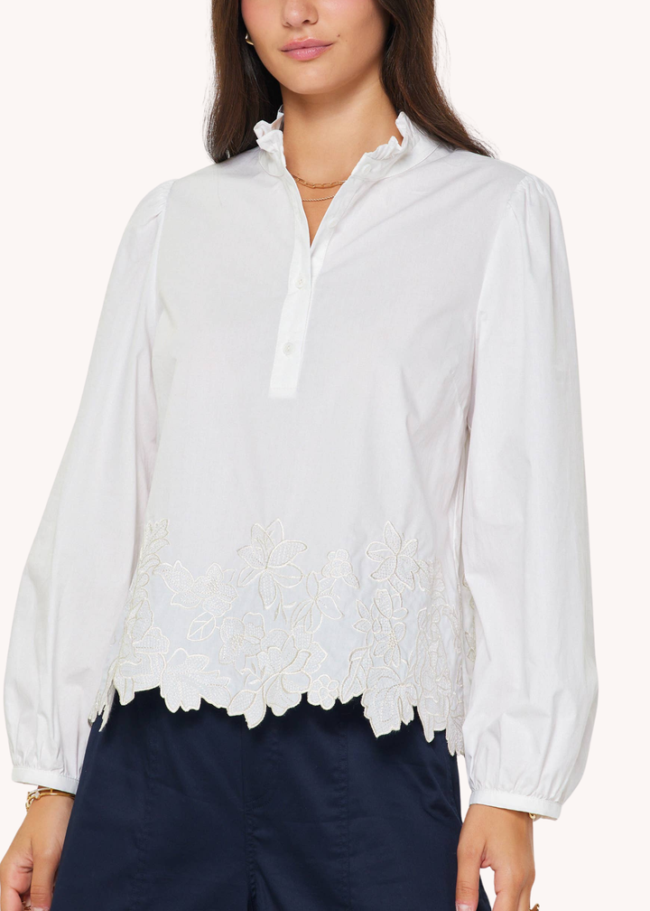 Embroidered Border Long Sleeve Blouse in White