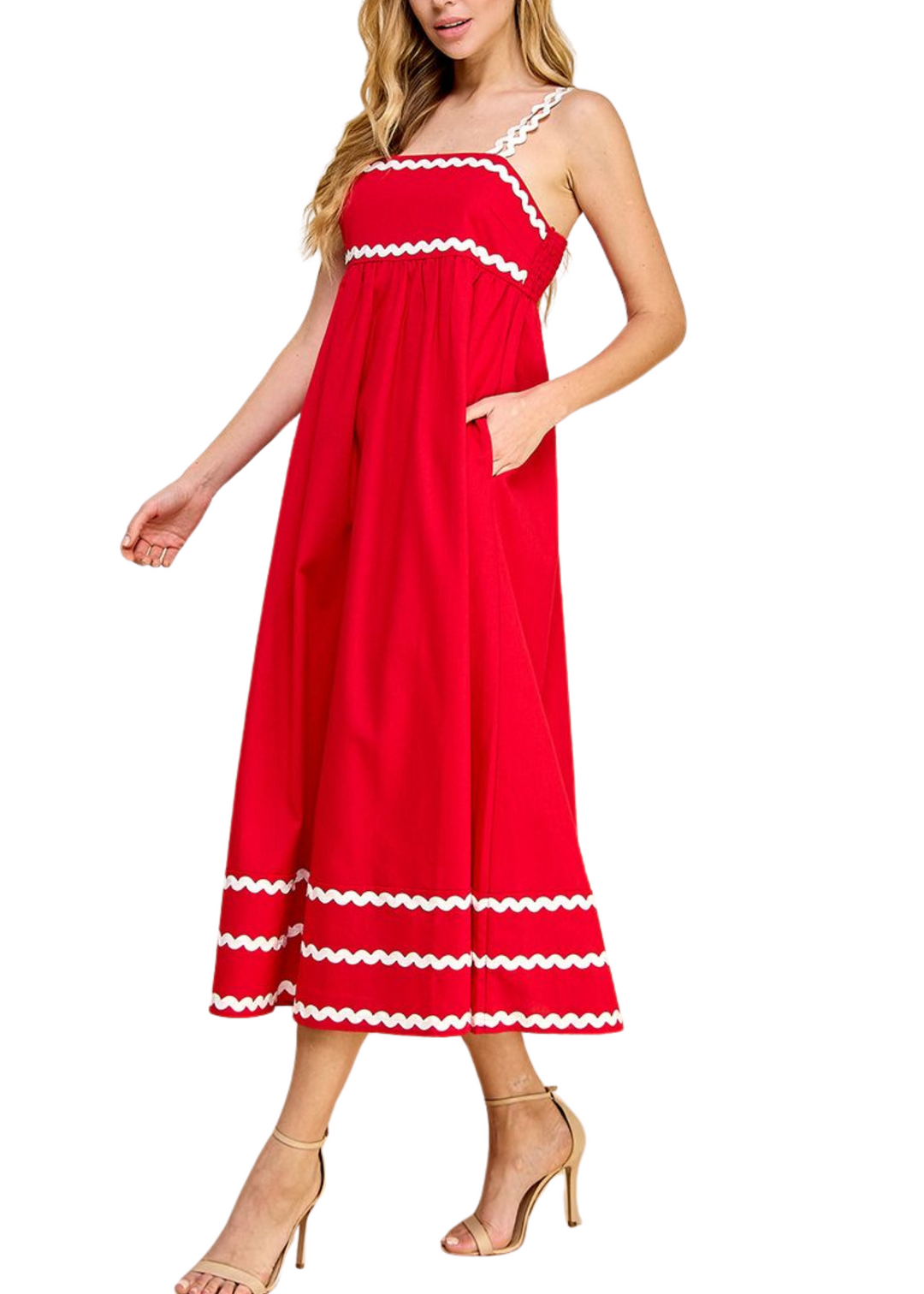 Avery Ric Rac Midi Dress | Red and White