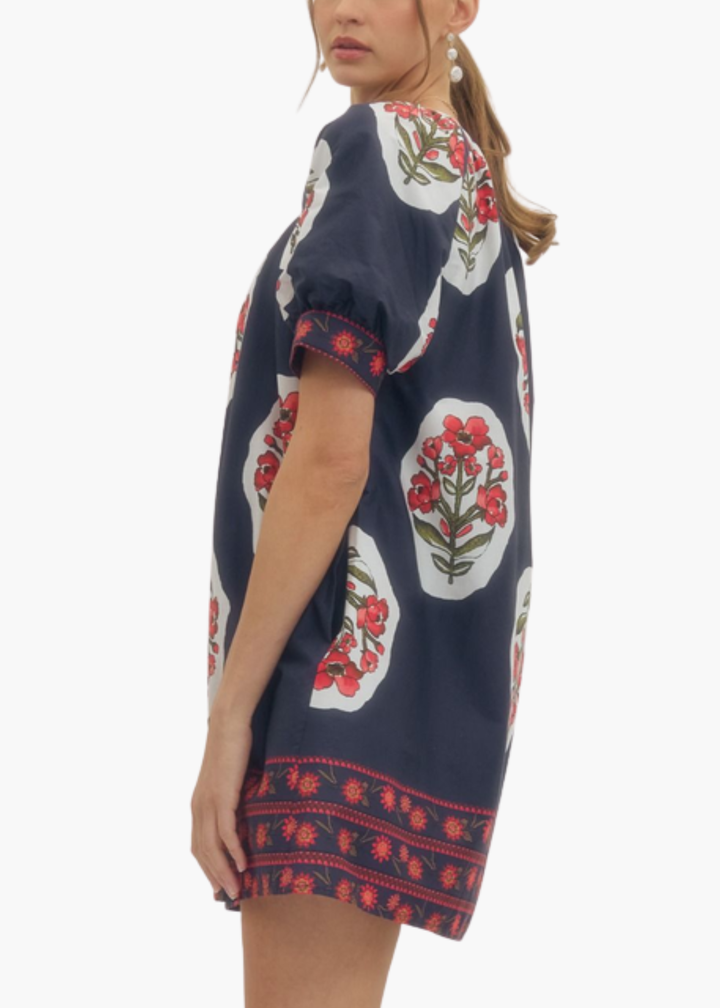 Sarah Blockprint Mini Dress in Navy