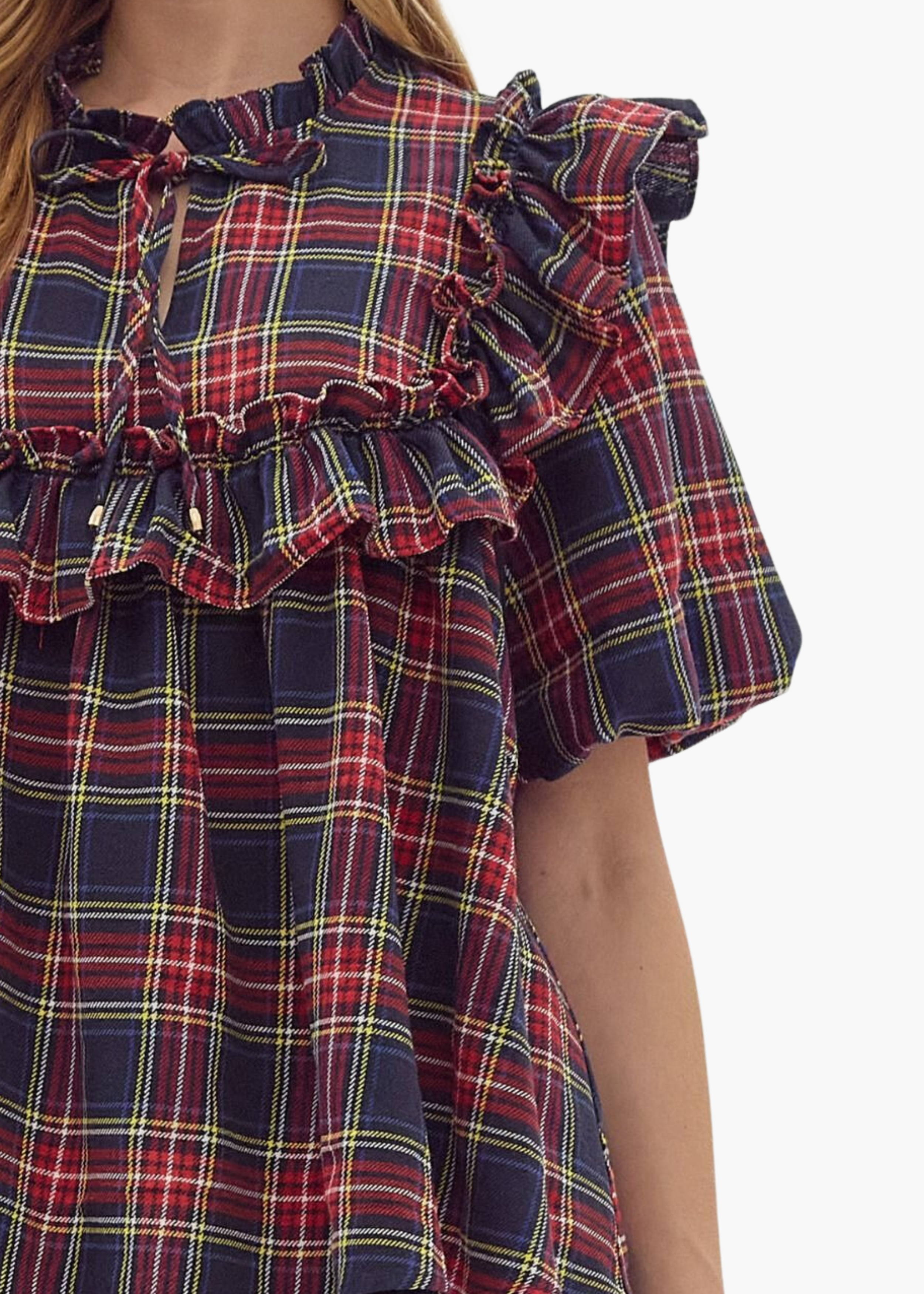 Evan Ruffle Top in Navy Plaid