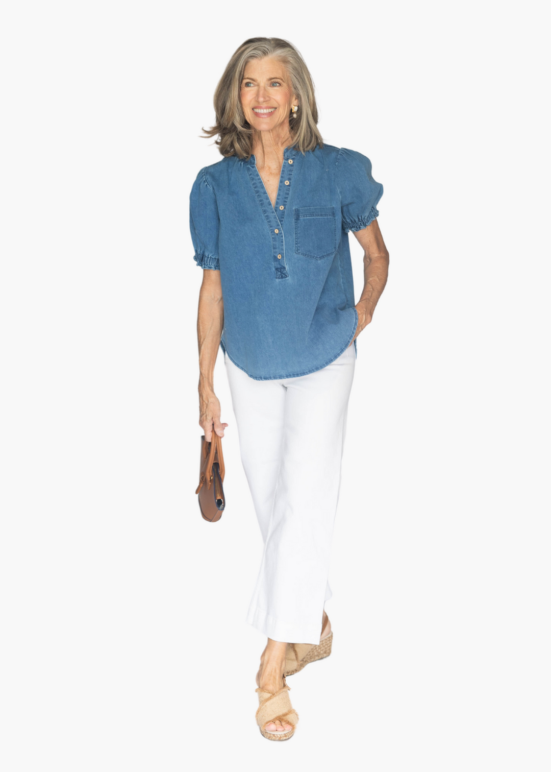 Adeline Puff Sleeve Top in Chambray