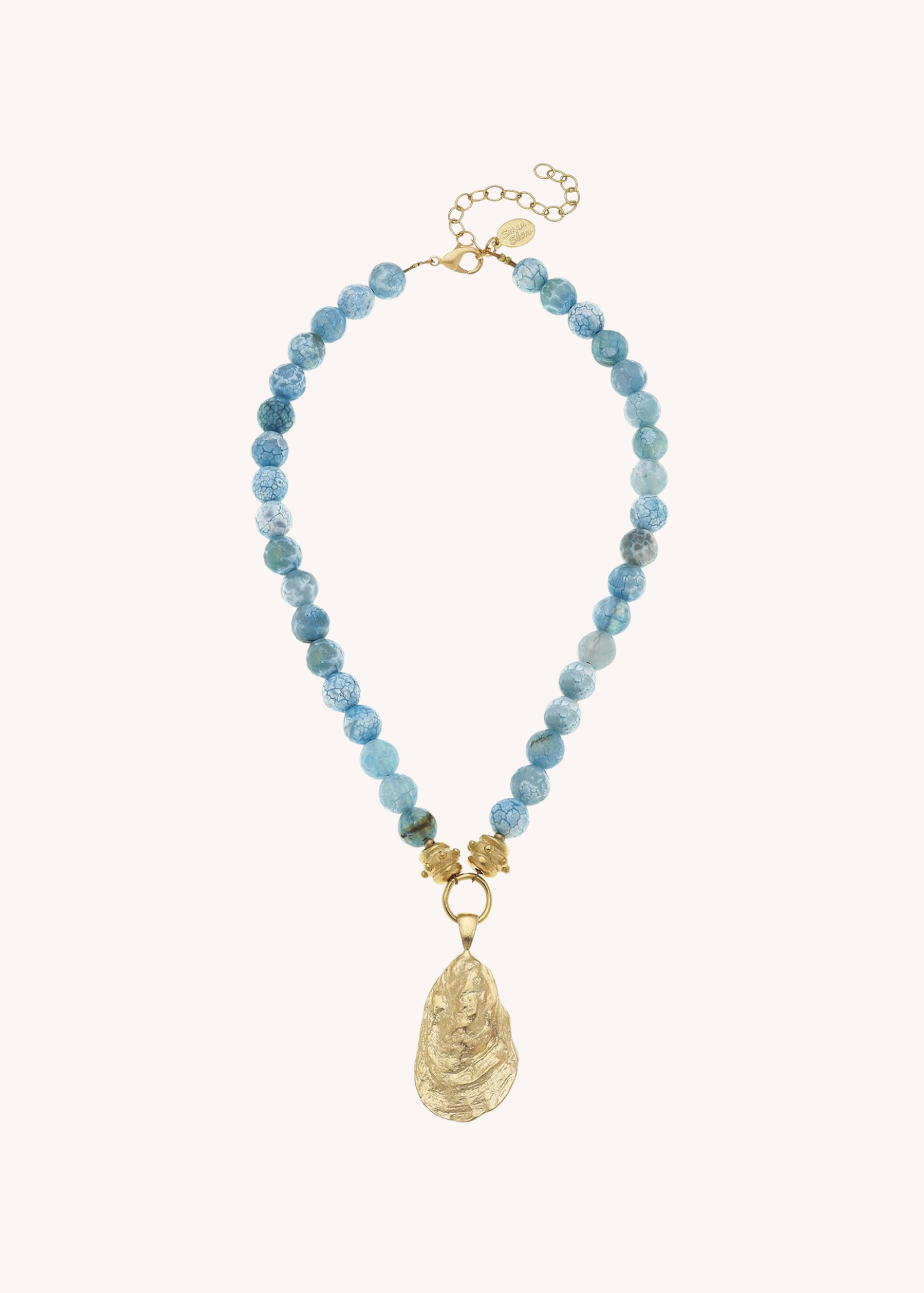 Gold Oyster Shell on Aqua Fire Agate Necklace