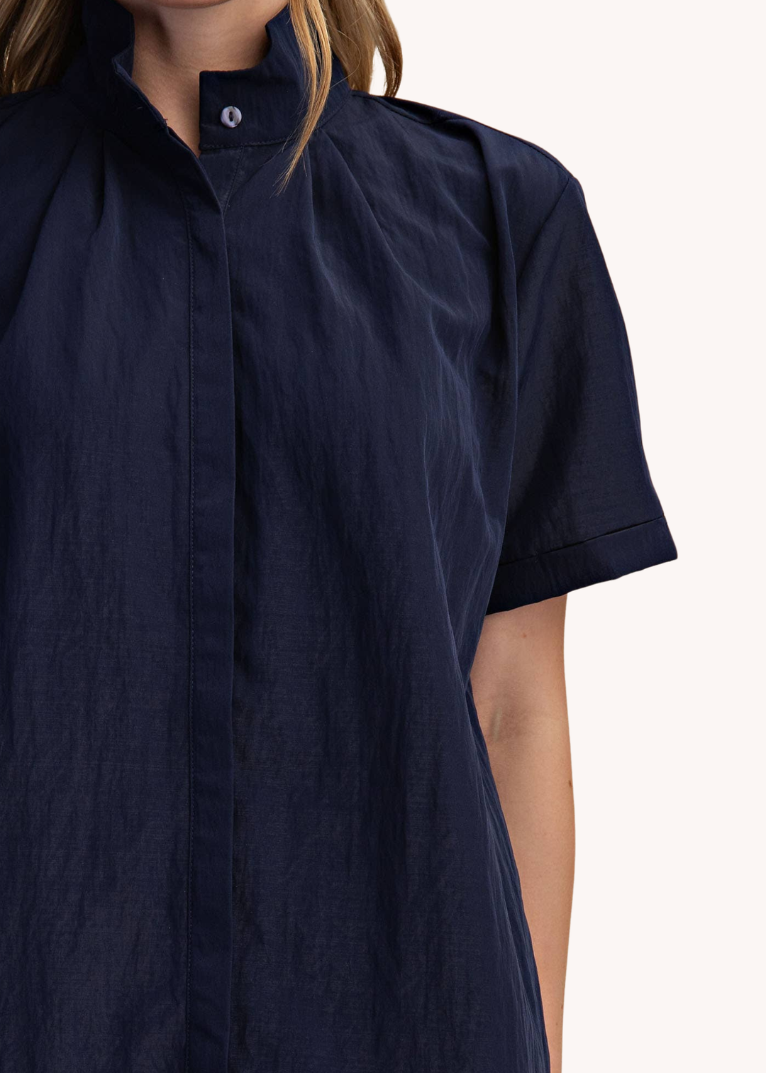 Chloe Stand Collar Mini Shirt Dress in Navy