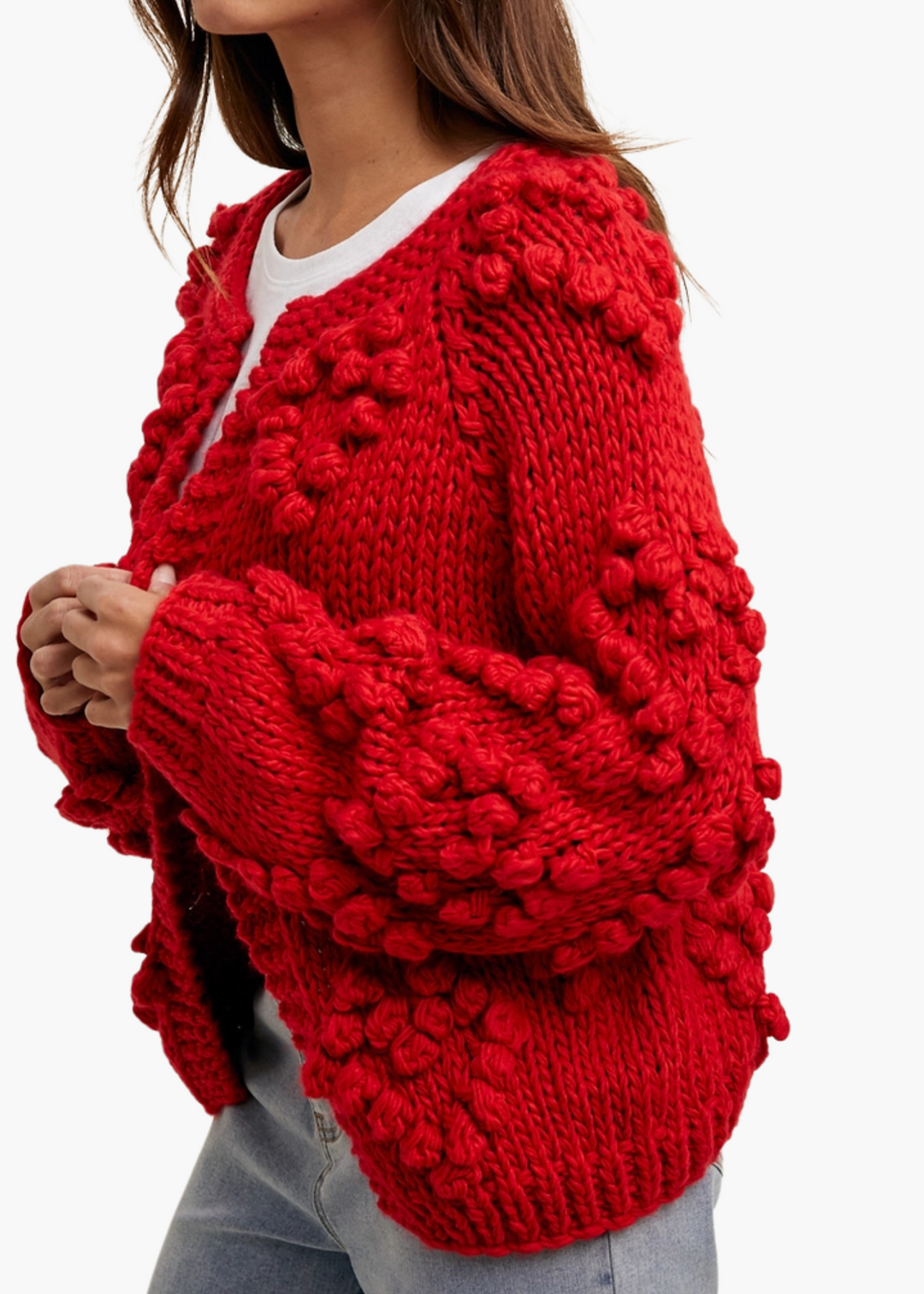 Hand-Knit Cardigan in Red Hearts