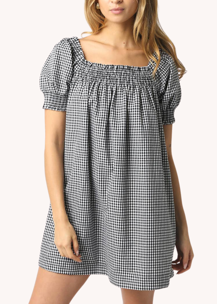 Lorelai Cotton Smocked Dress in Black Gingham