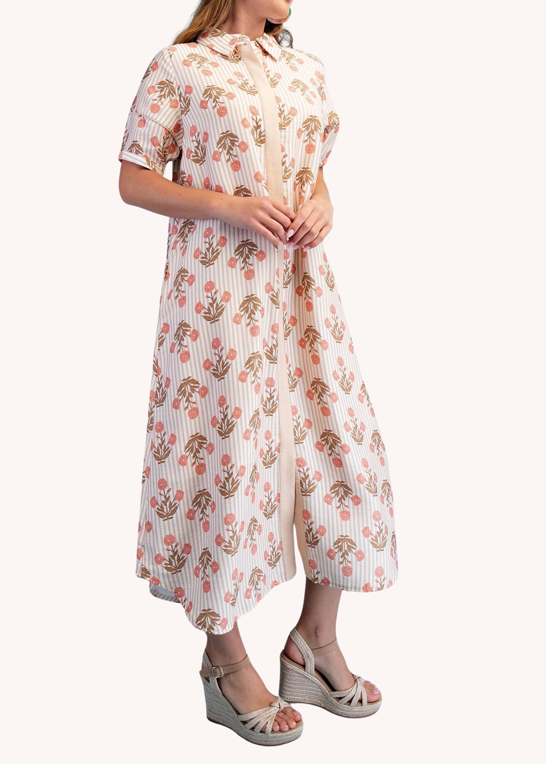 Madeline Block Print Midi Dress in Latte