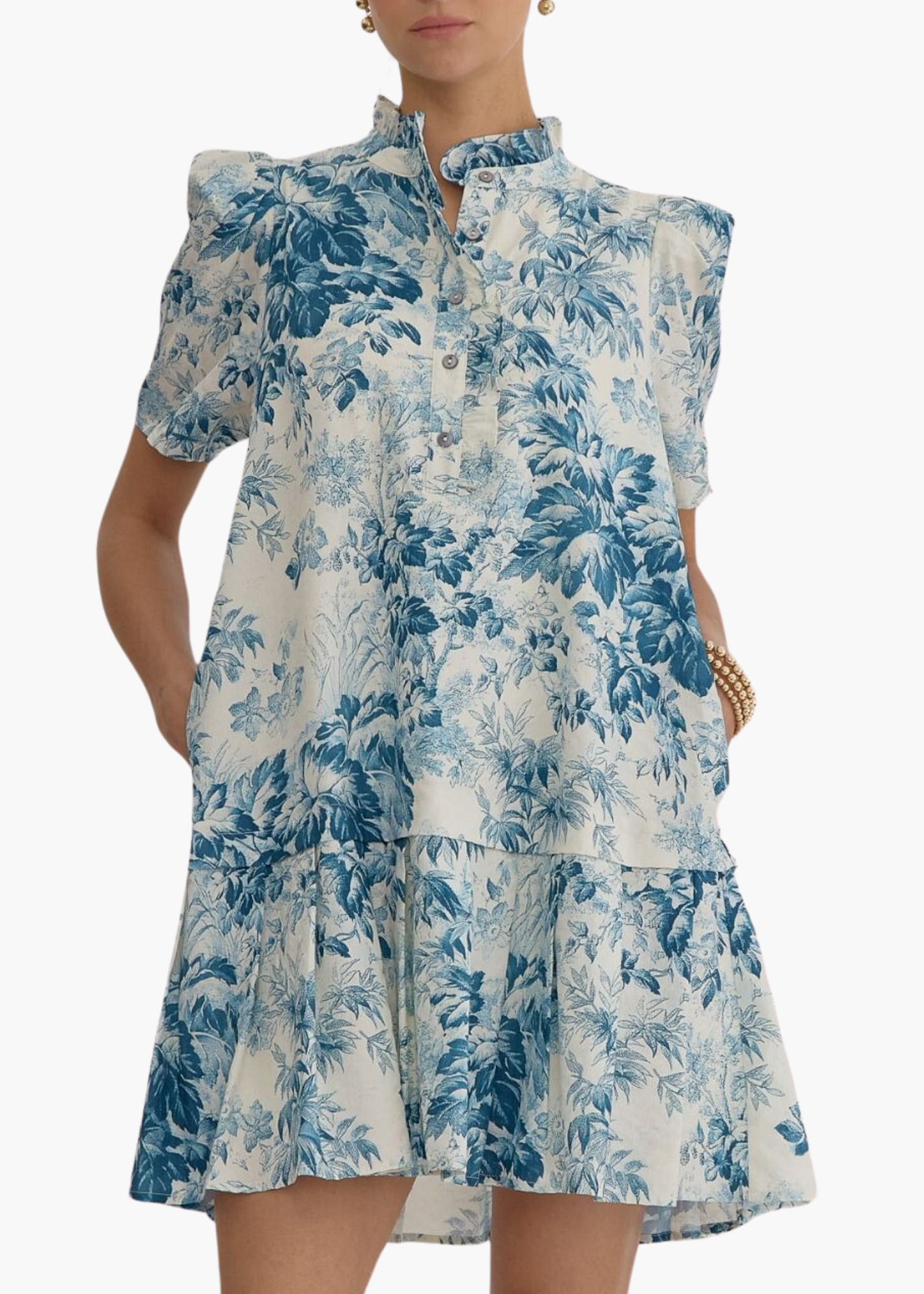 Edith Peplum Mini Dress in Teal Floral Toile