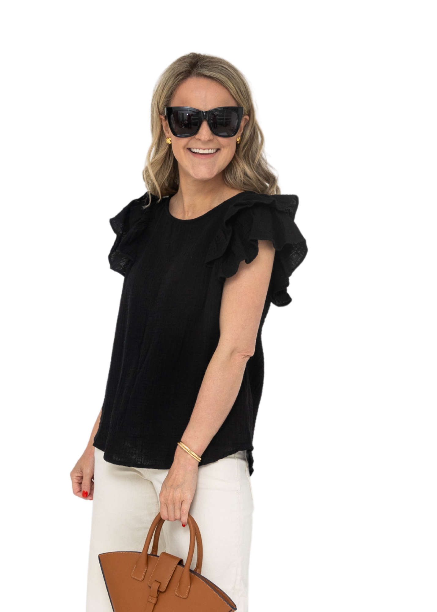 Ruffle Gauze Top in Black