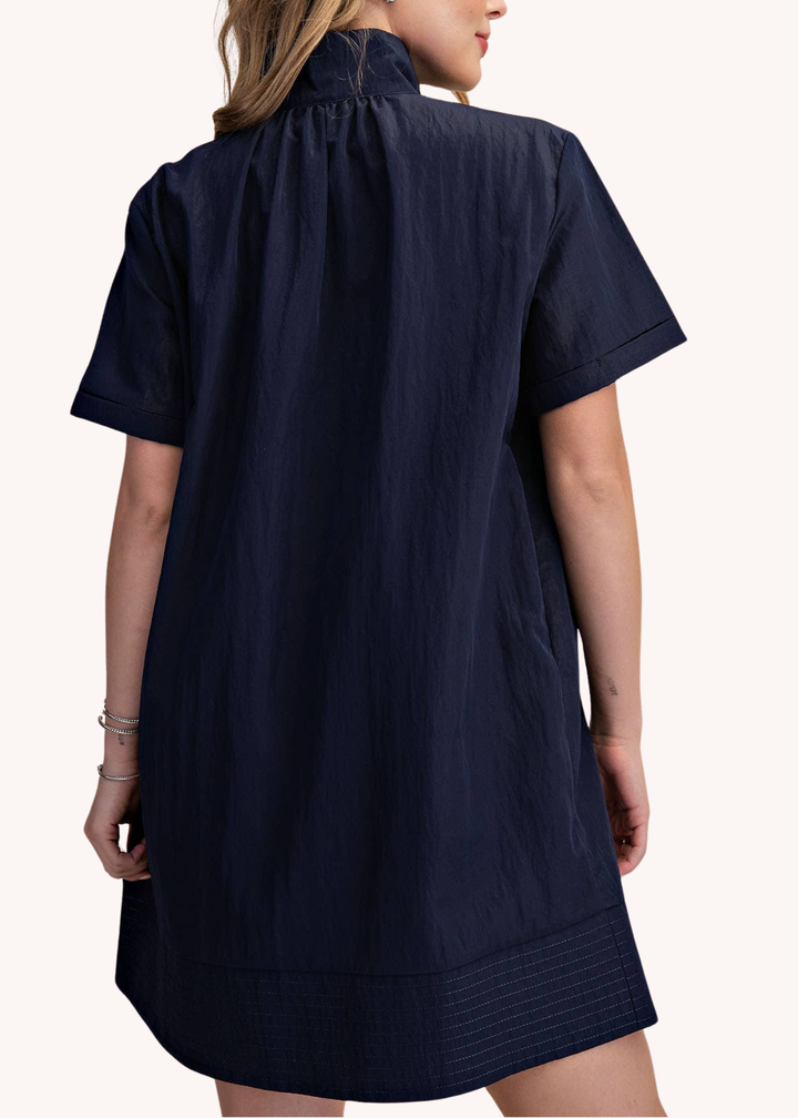 Chloe Stand Collar Mini Shirt Dress in Navy
