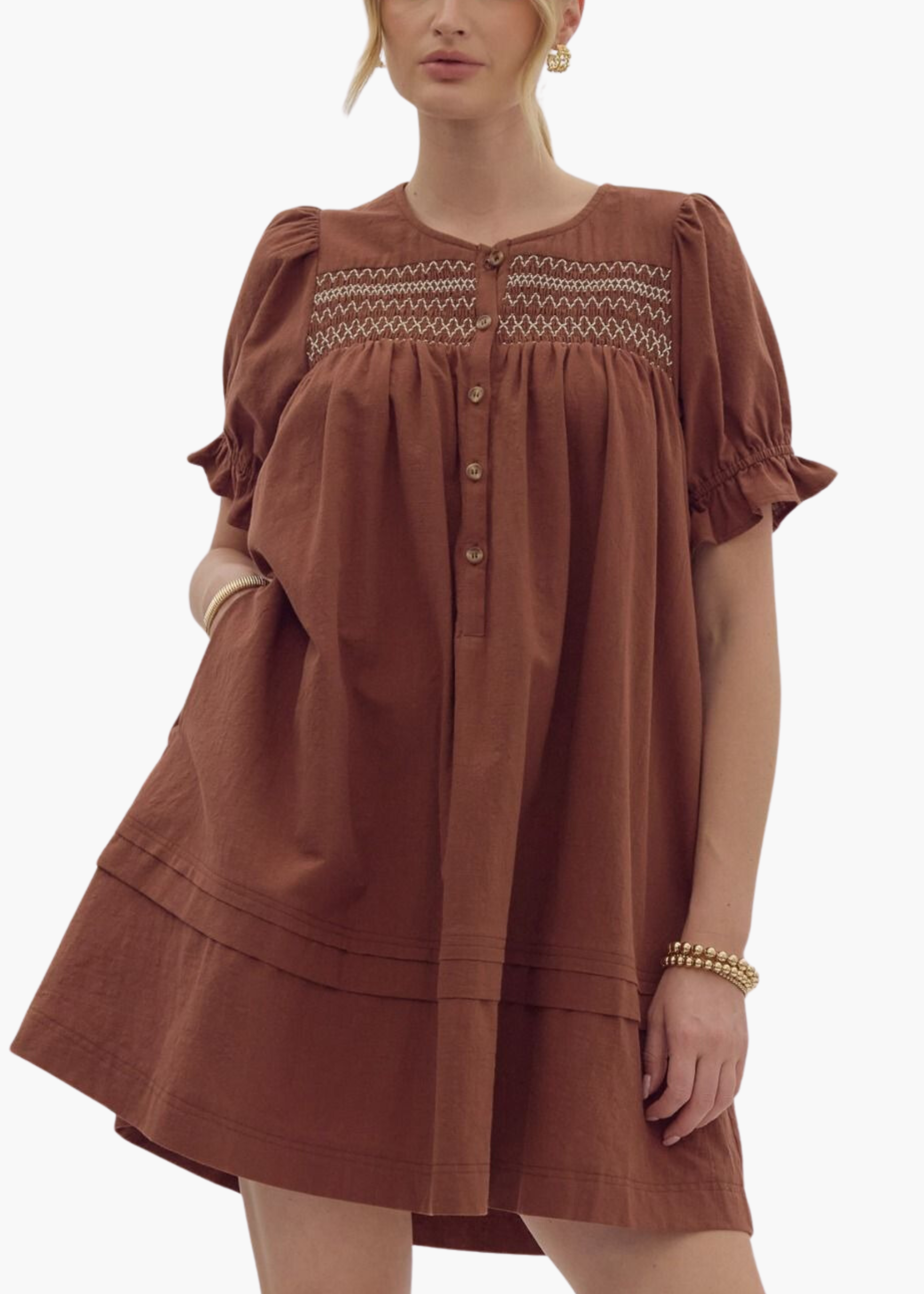 Ellen Smocked Mini Dress in Brown