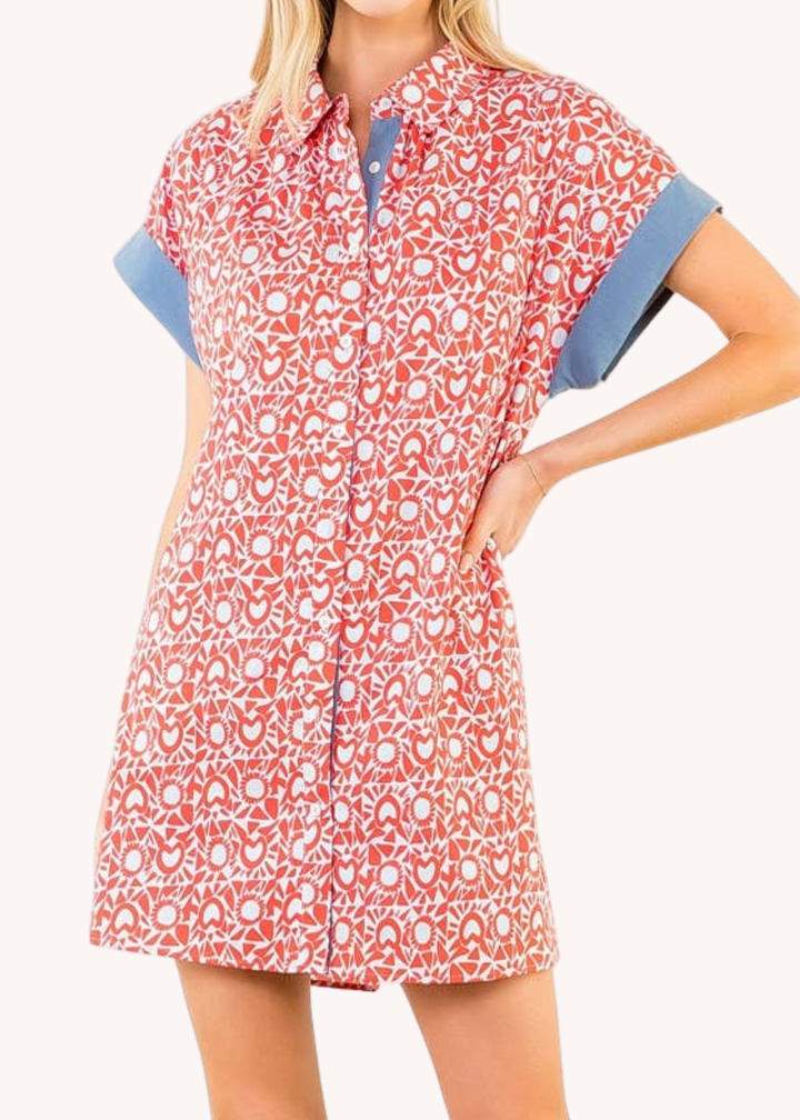 Americana Block Print Mini Shirt Dress