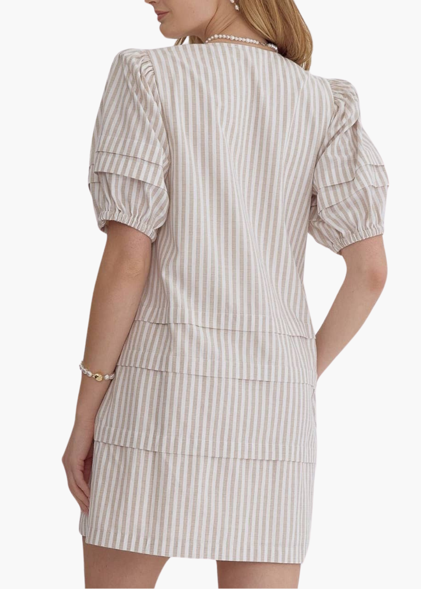 Striped Puff Sleeve Mini Dress in Sand