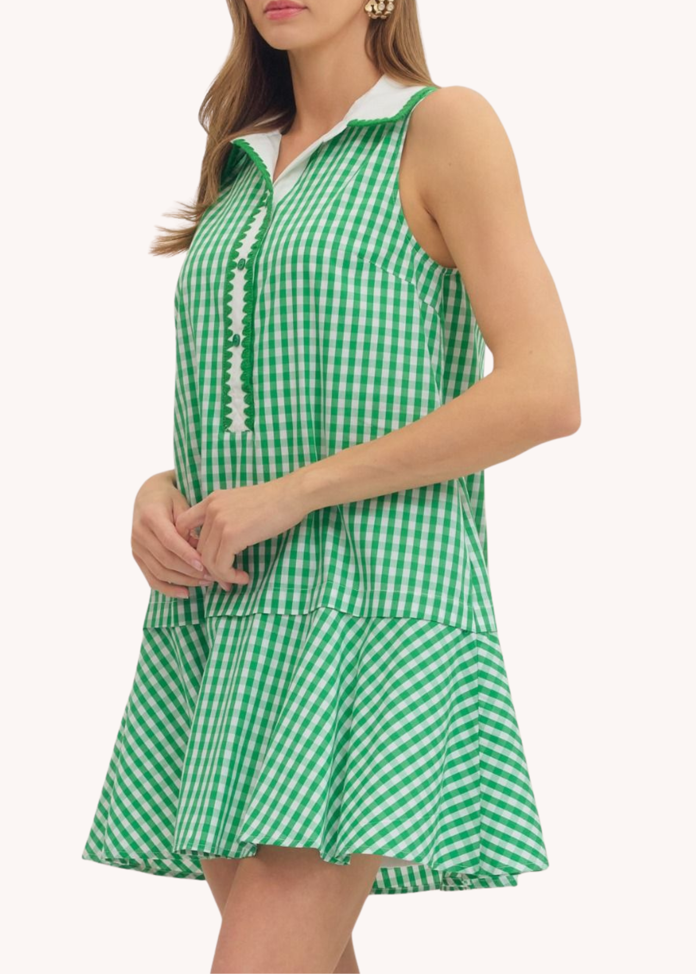 Gingham Cotton Mini Dress in Green