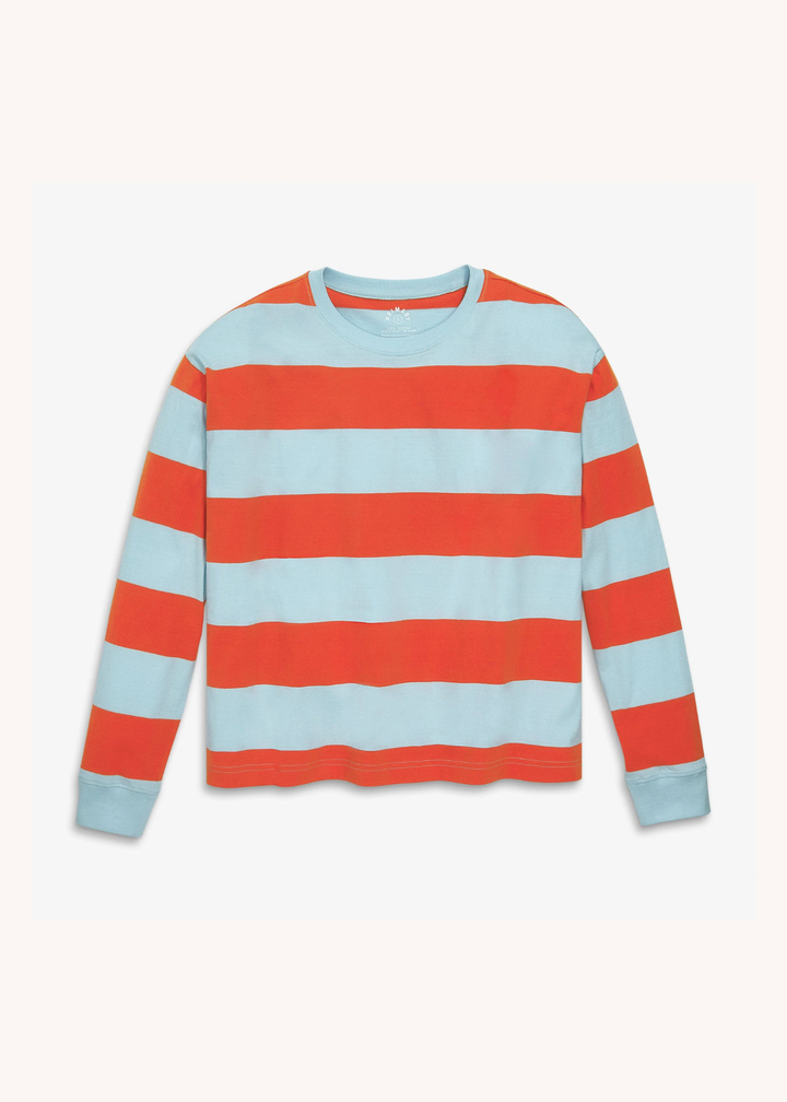 Long Sleeve Relaxed Cotton Tee in Pumpkin Sky Stripe
