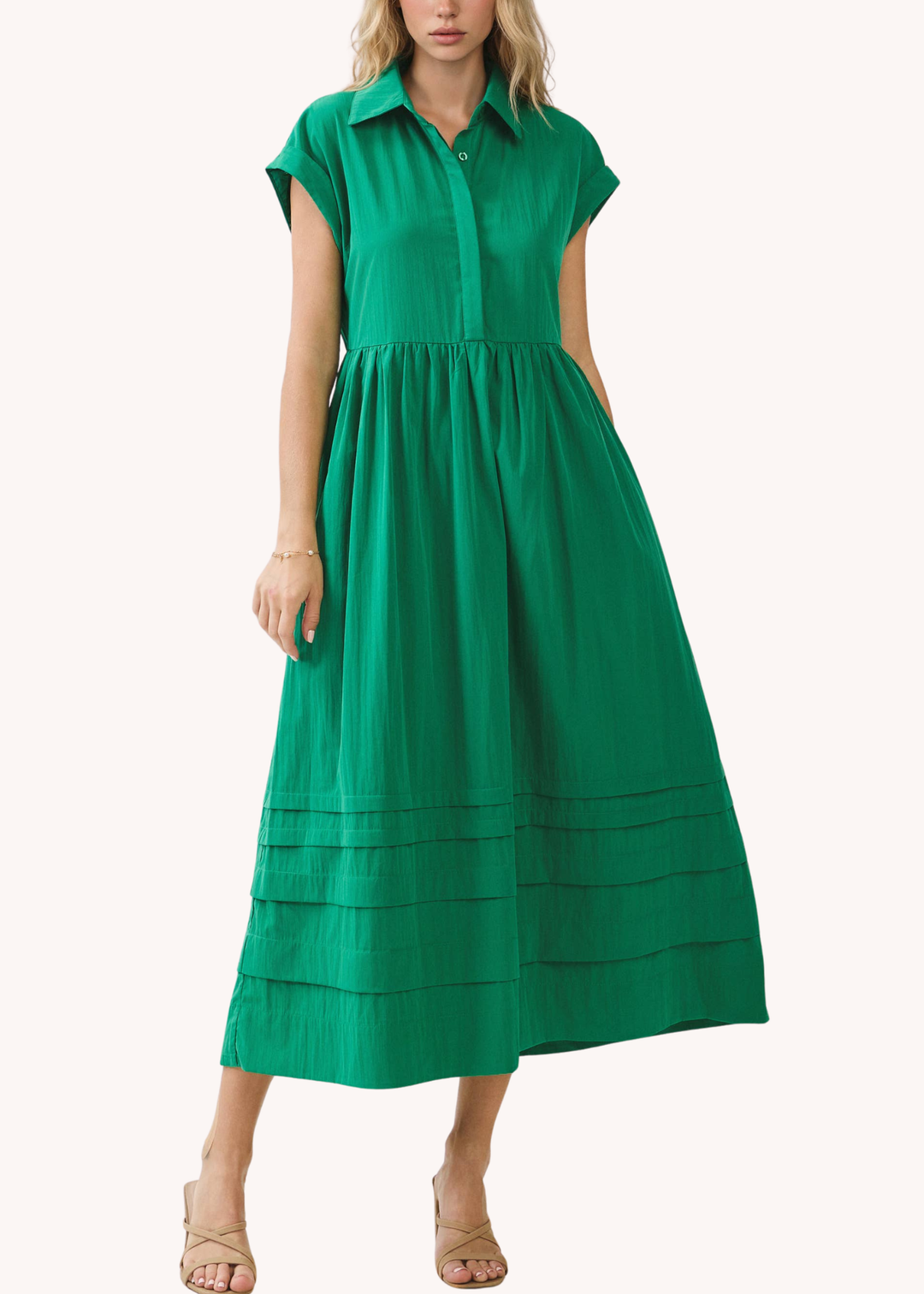 Grace Pleated Midi Shirt Dress in Green Poppy and Pink Grace Pleated Midi Shirt Dress in Green Poppy and Pink