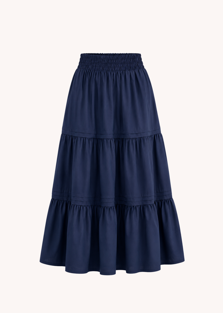 Smocked Waist Tiered Long Skirt in Navy