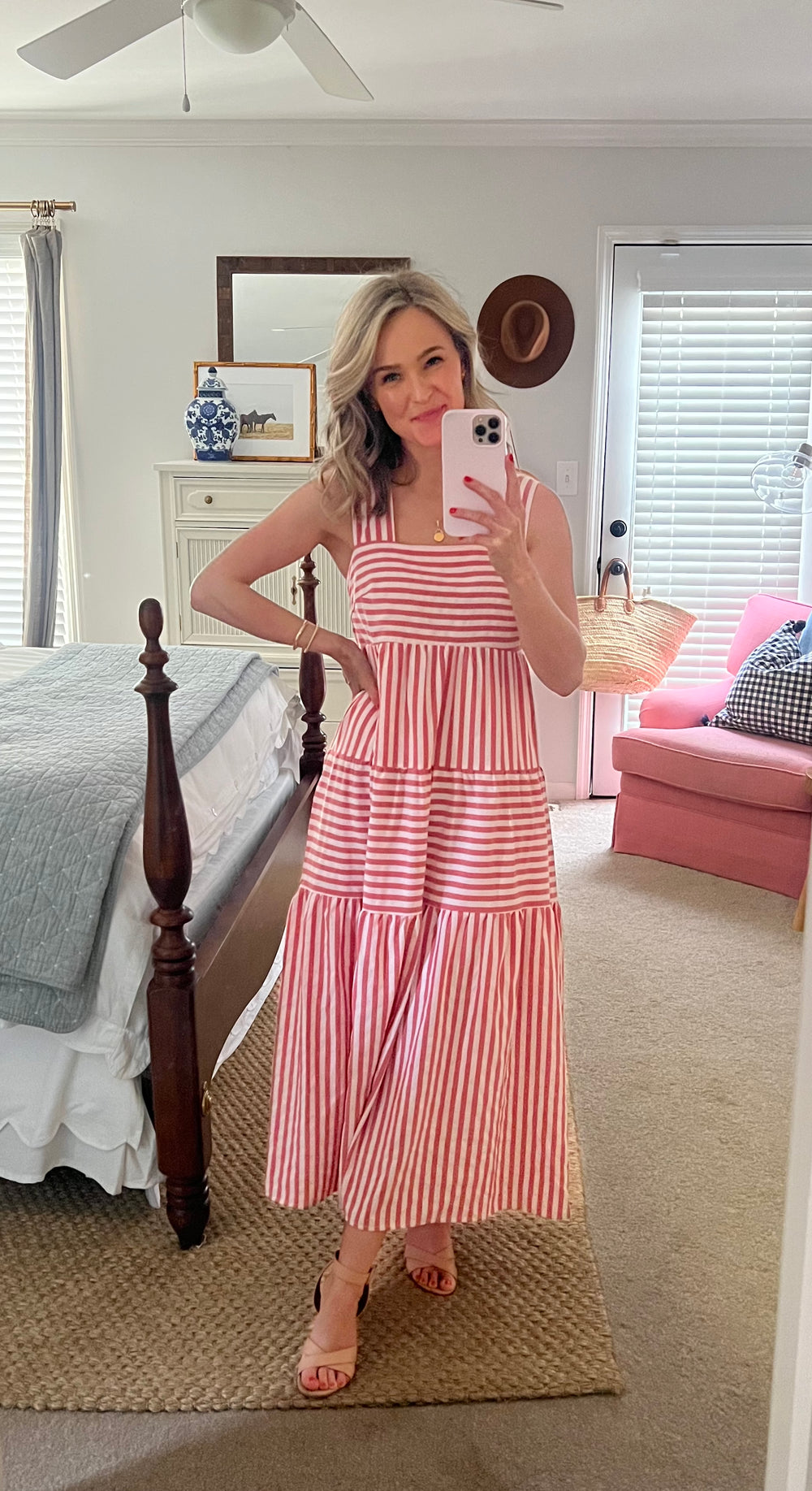 Striped Midi Dress in Red and Light Pink