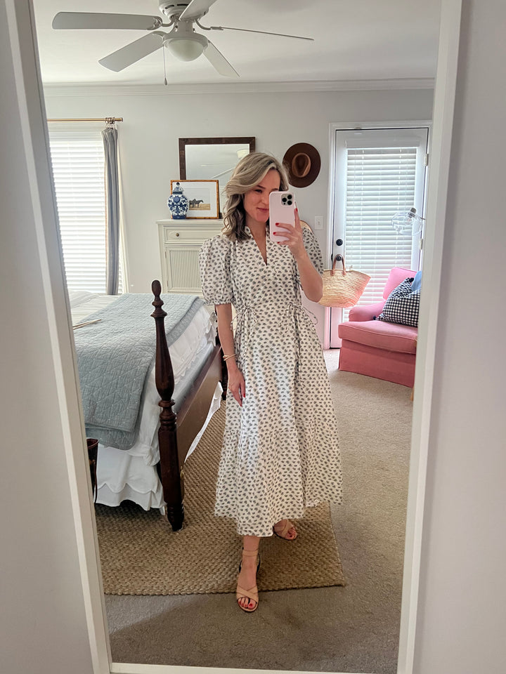 Mallory Midi Dress in Cream Blue Floral