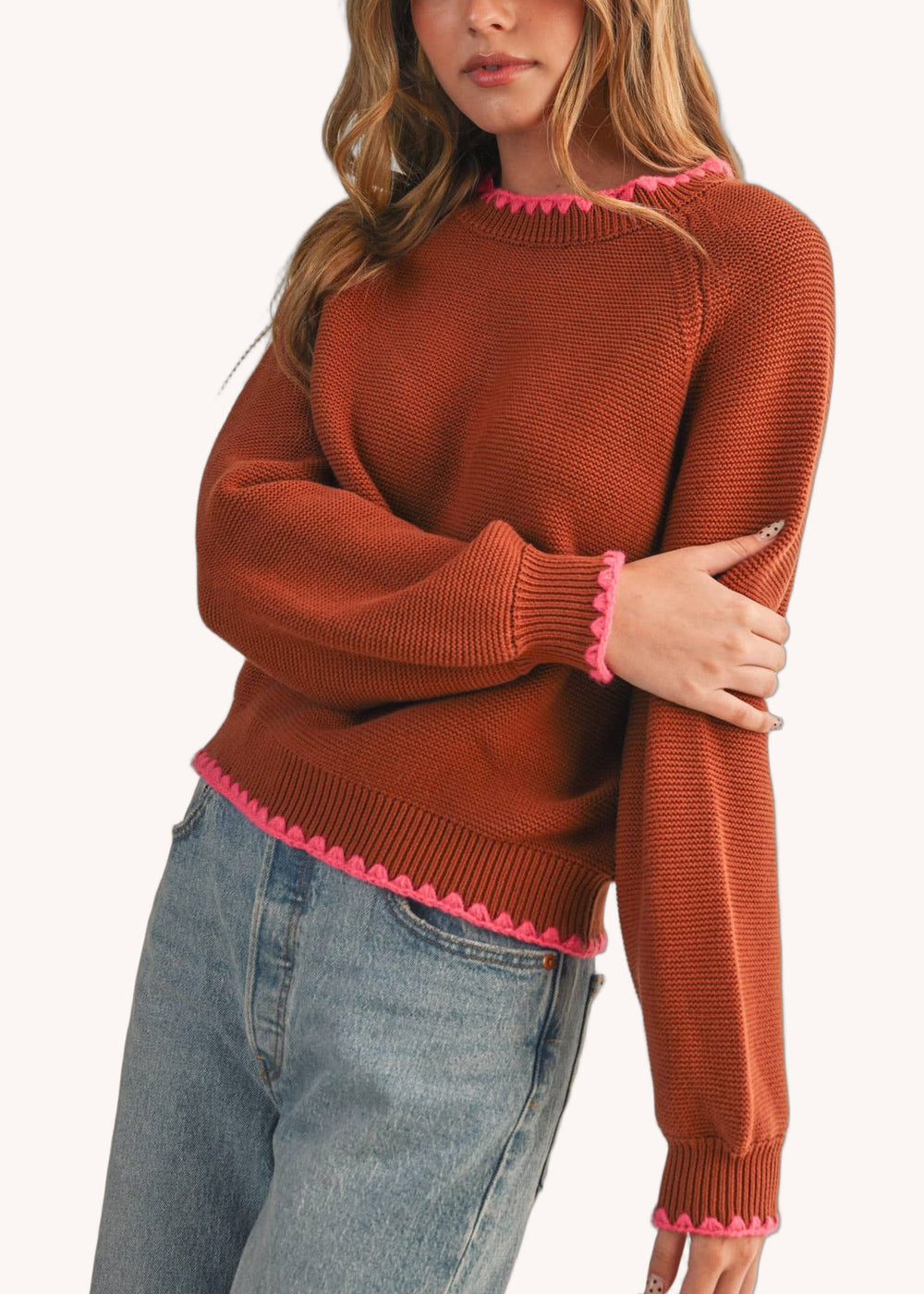 Long Puff Sleeve Sweater With Contrast Stitch in Brown Fuchsia