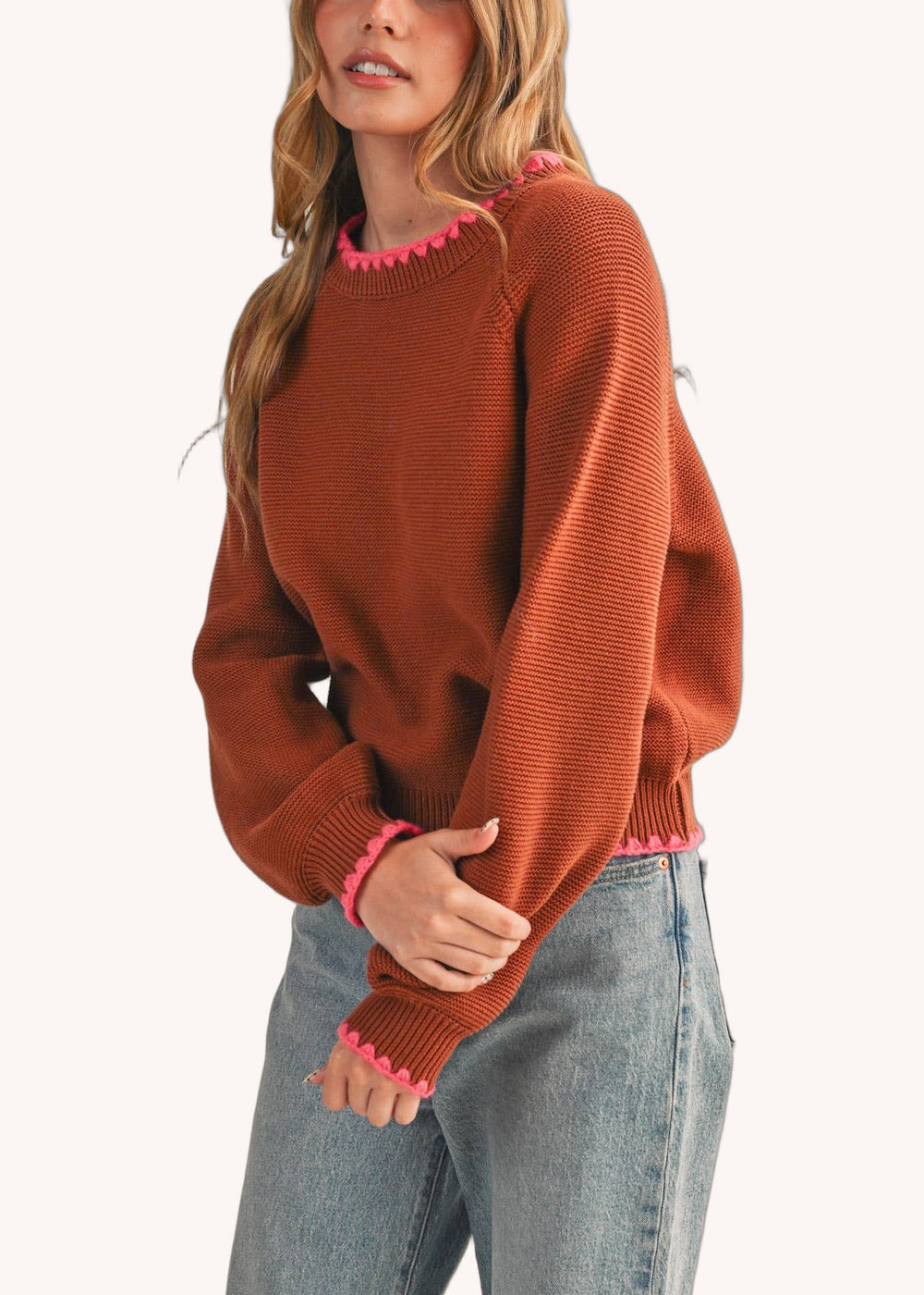 Long Puff Sleeve Sweater With Contrast Stitch in Brown Fuchsia