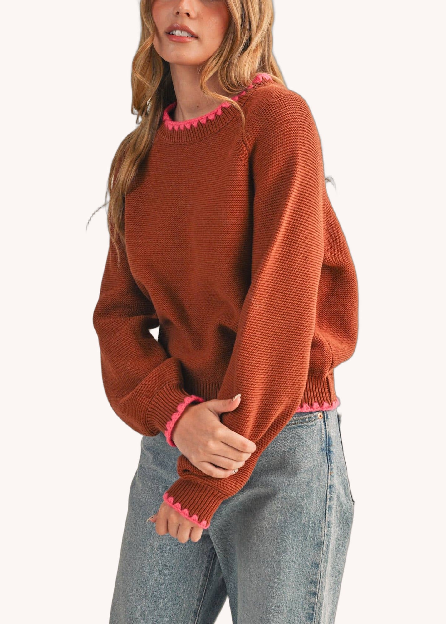 Long Puff Sleeve Sweater With Contrast Stitch in Brown Fuchsia