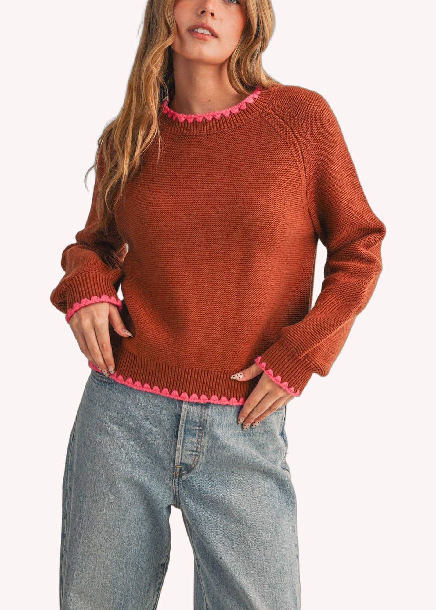 Long Puff Sleeve Sweater With Contrast Stitch in Brown Fuchsia