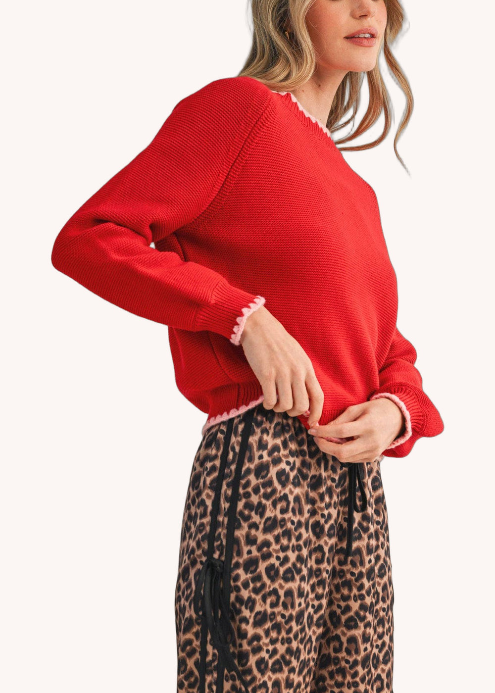 Long Puff Sleeve Sweater With Contrast Stitch in Red Pink