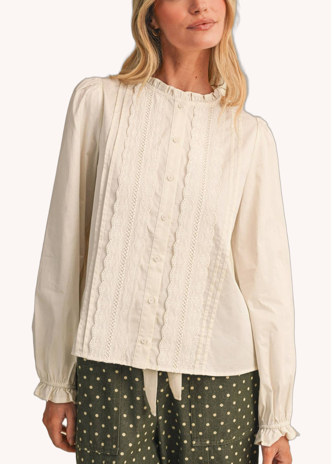 Pin Tuck Lace Trim Button Down Top in Off White